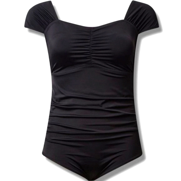 ❤️NWT VINTAGE TORRID WIRELESS RUCHED SWIMSUIT - CAP SLEEVES - TUMMY CONTROL PLUS - Picture 13 of 16